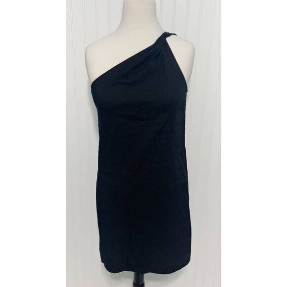 Theory Melly Linen Blend One‎ Shoulder Ruched Cocktail Mini Dress Black Size 4 - Picture 13 of 13